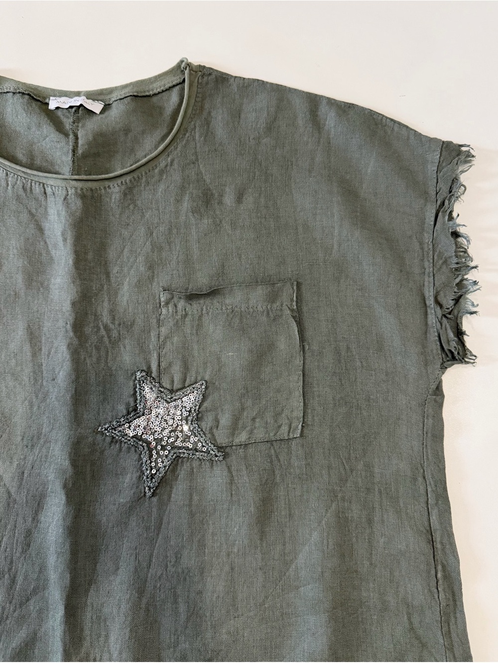Made In Italy 100% Linen Overside Tunic Star Pocket Olive Green Top One Size - Picture 2 of 7